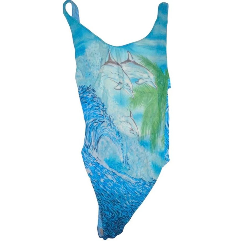 VINTAGE BLUE 80S DOLPHIN MESH S ONE PIECE SWIMSUIT